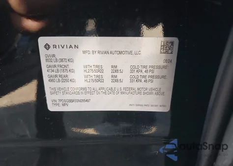 2025 Rivian R1S Adventure Dual Motor Large Pack/Adventure Dual Motor Max Pack z USA, uszkodzony, nr VIN 7PDSGBBA5SN055497